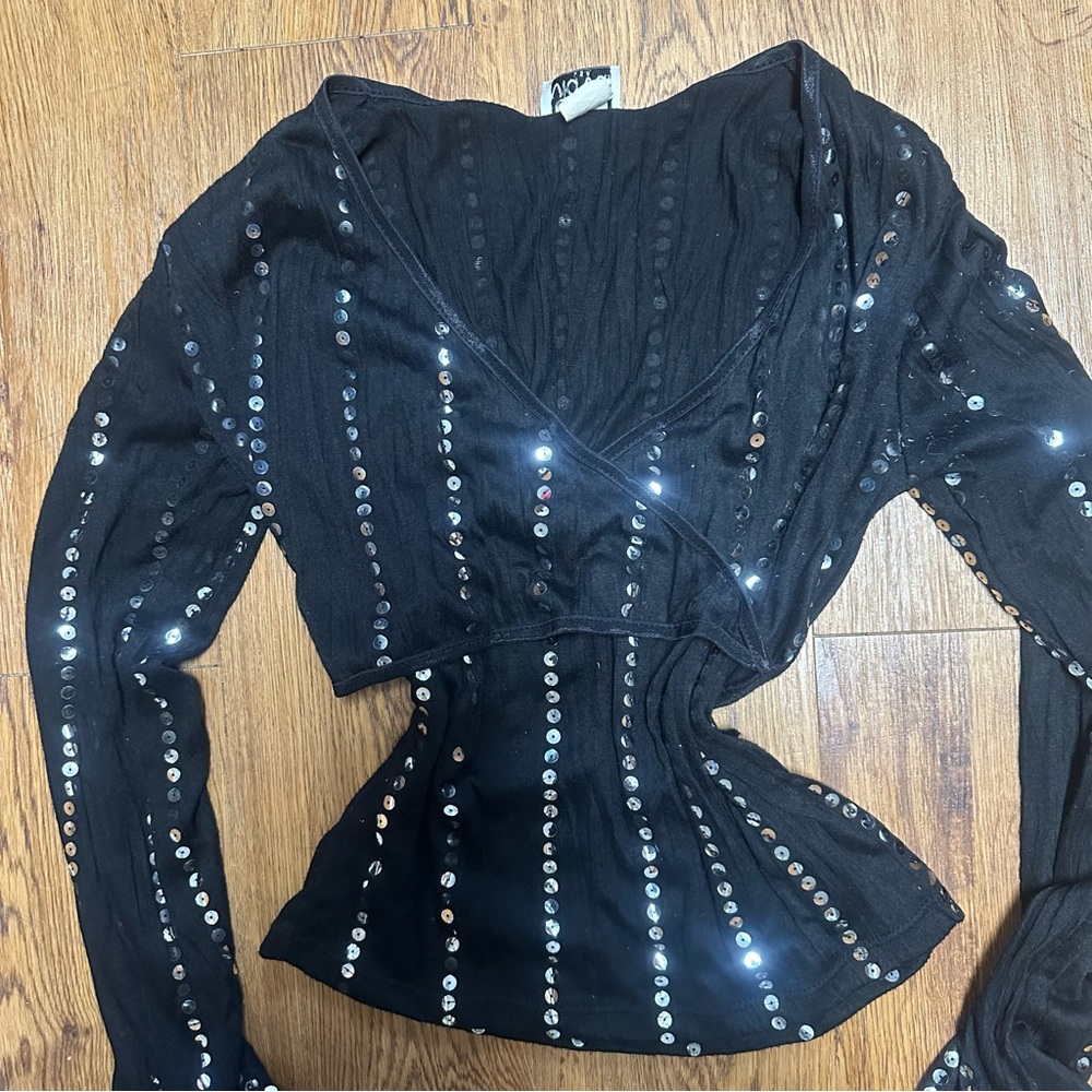 Vintage Y2K Black Sequin Wrap Top - Picture 3 of 8